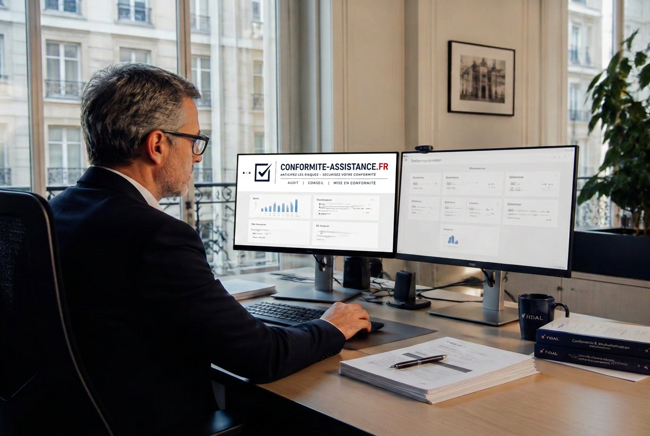 Expert conformité dans un bureau français devant un tableau de bord Conformité Assistance