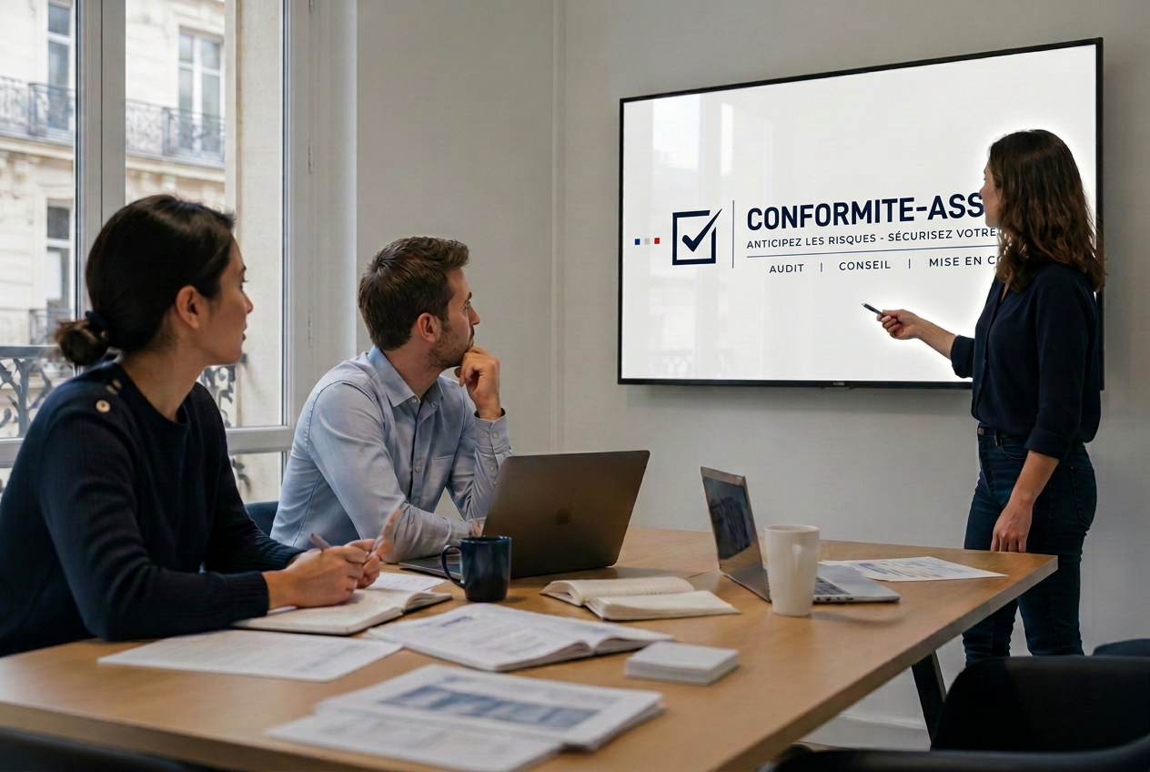 Réunion d'équipe dans un bureau parisien devant un écran affichant le logo Conformité Assistance
